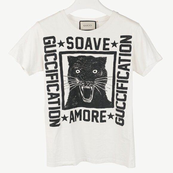 Gucci R/18 White Cotton Soave Amore Guccification Panther Graphic T-Shirt - Picture 2 of 11